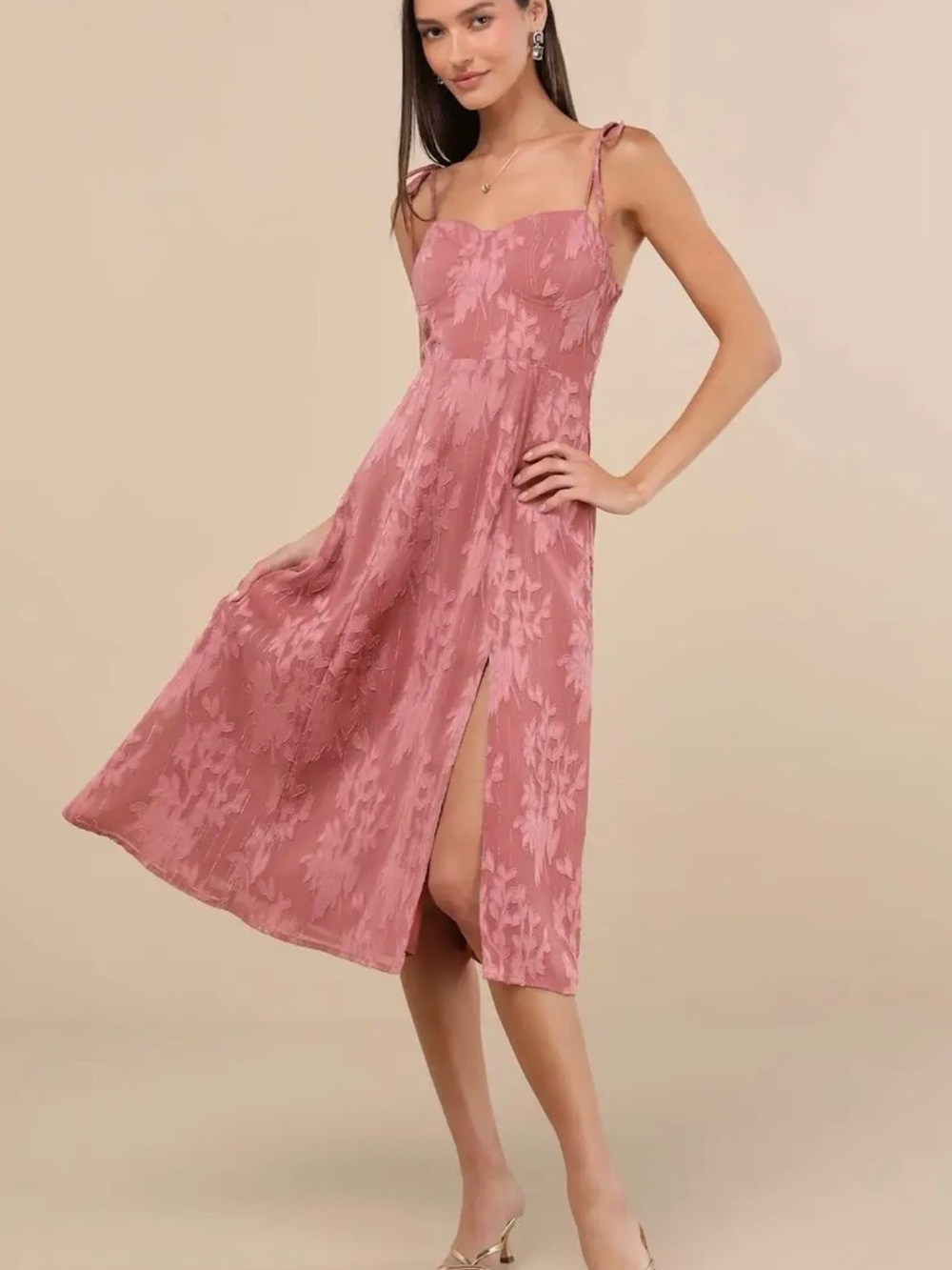 Lulus Strappy Jacquard Midi Dress Pink Size Medium With Slit NWT